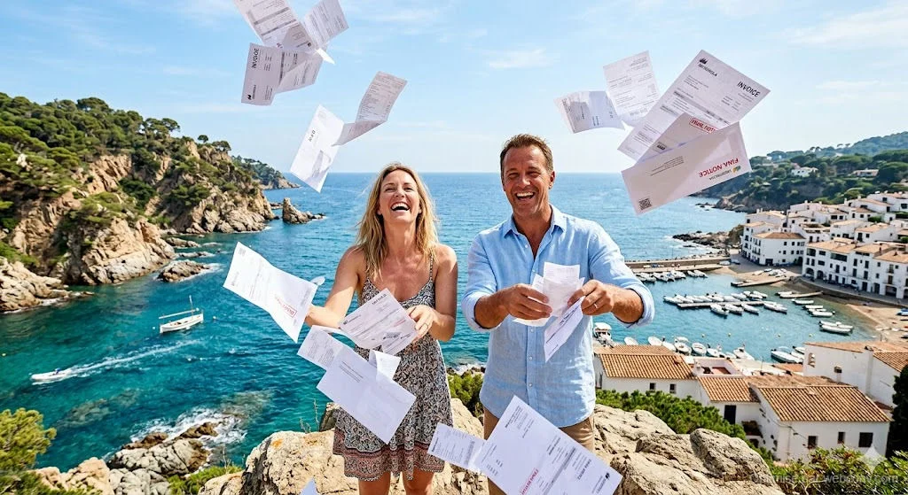 Couple ne voulant plus de problèmes de factures sur la costa brava devant la mer méditerranée Couple jetant des factures en l’air sur la Costa Brava