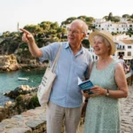 Couple senior explorant un village côtier de la Costa Brava