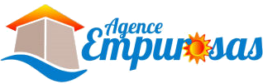 Logo d’Empurosas Immo avec maison, vague bleue et soleil.